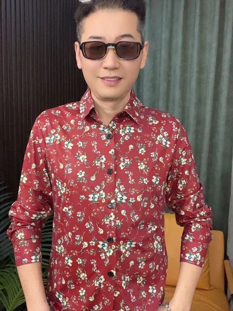 衬衫免烫几何时尚印花常规不起球夏季男士长袖男装套装
