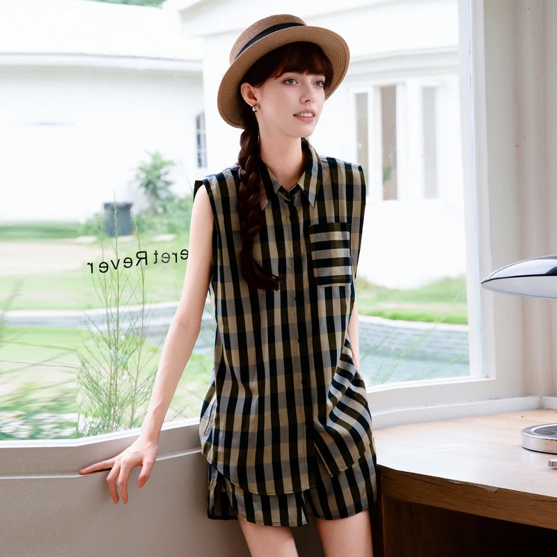 谜底格纹衬衫无袖女2025夏季新款复古文艺翻领百搭衬衣256MC6272