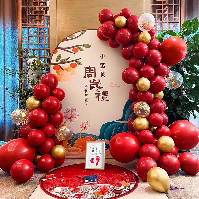 中式国潮宝宝一周岁礼生日场景布置装饰男女孩抓周气球背景墙kt板