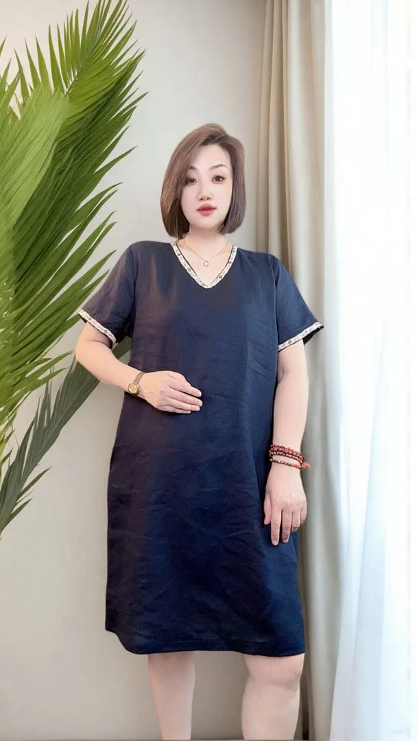 鑫姐百搭显瘦不褪色休闲风时尚女士亚麻V领连衣裙
