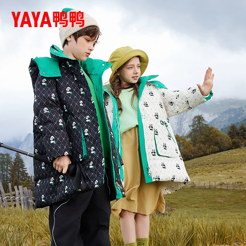 YAYA/鸭鸭儿童羽绒服男女童冬季2025中长款熊猫中大童装加厚外套