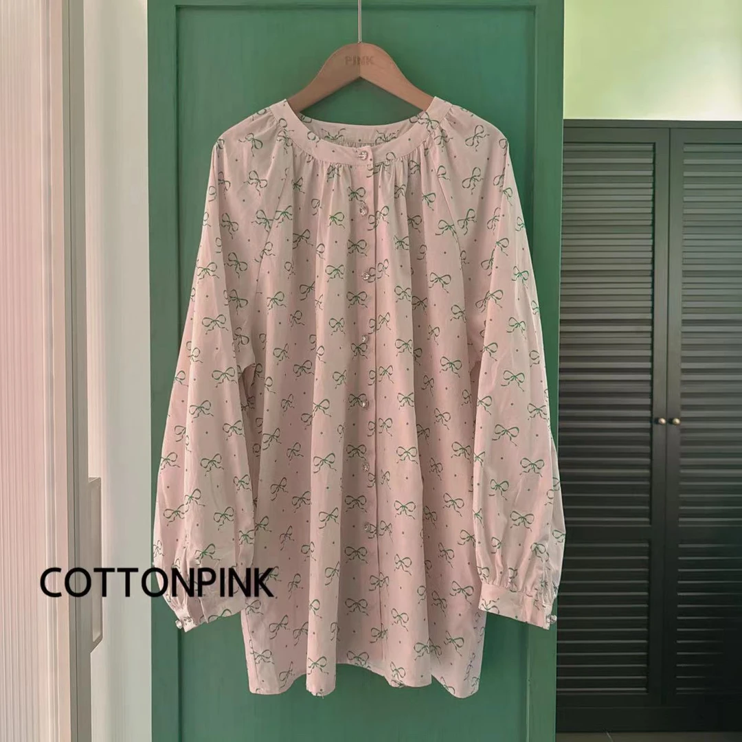 COTTONPINK女装舒适百搭上衣时尚可爱蝴蝶结开衫钻石扣衬衣女