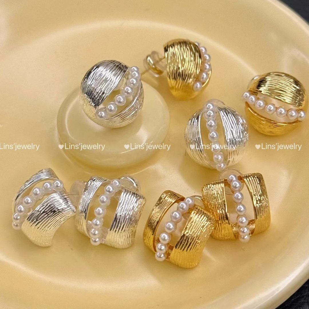 铜合金耳饰 蕾丝花边珠珠拉丝耳钉~甜美法式高级气质耳钉