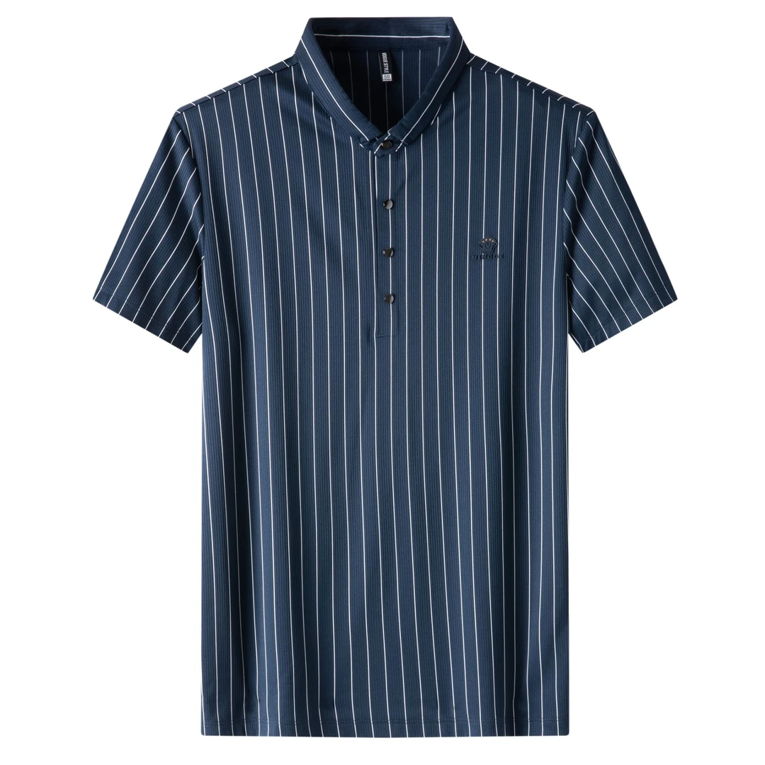 2213男士加肥加大竖条纹翻领T恤百搭休闲翻领短袖夏季薄款