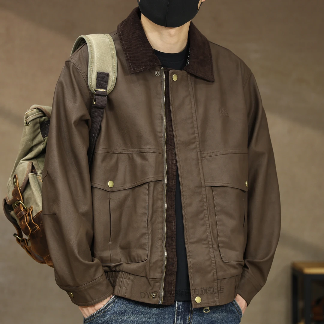 美式巴恩风复古皮衣外套男春秋新款宽松休闲机车痞帅皮夹克男装潮