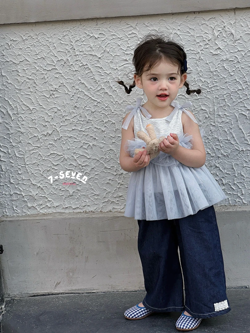 【7Seven】25夏韩版可爱蓝色拼接纱纱上衣