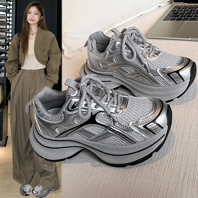 银色老爹鞋女2025春夏季新款厚底增高百搭网面透气超火运动休闲鞋