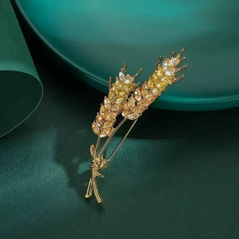 铁合金合成锆石胸针 精致金色镶钻时尚手工麦穗胸针