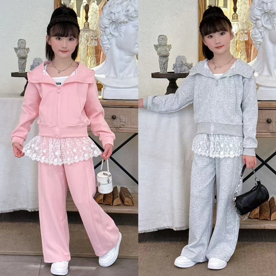 女童春秋款运动套装2025款中大童女孩洋气连帽春装蕾丝外套两件套