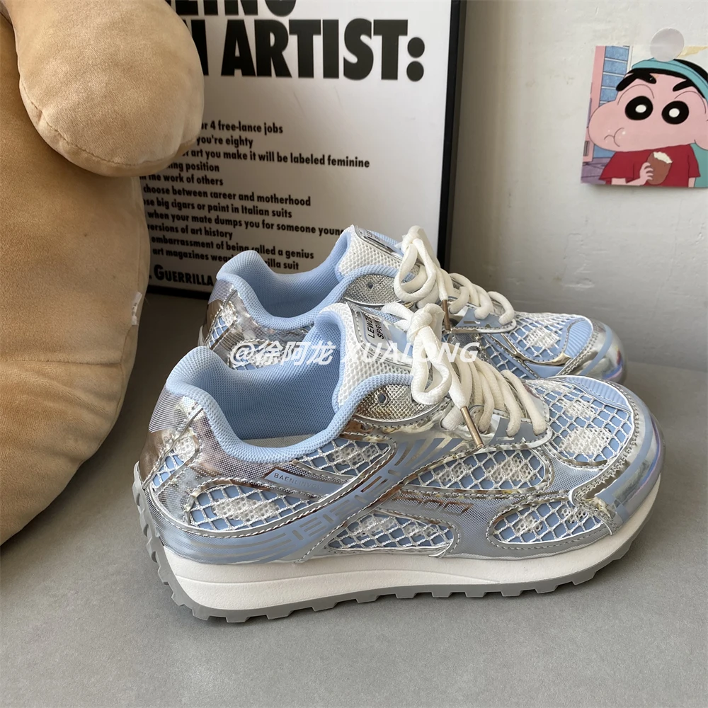 银色镭射老爹鞋女款2025夏新款网面透气厚底运动休闲鞋复古阿甘鞋