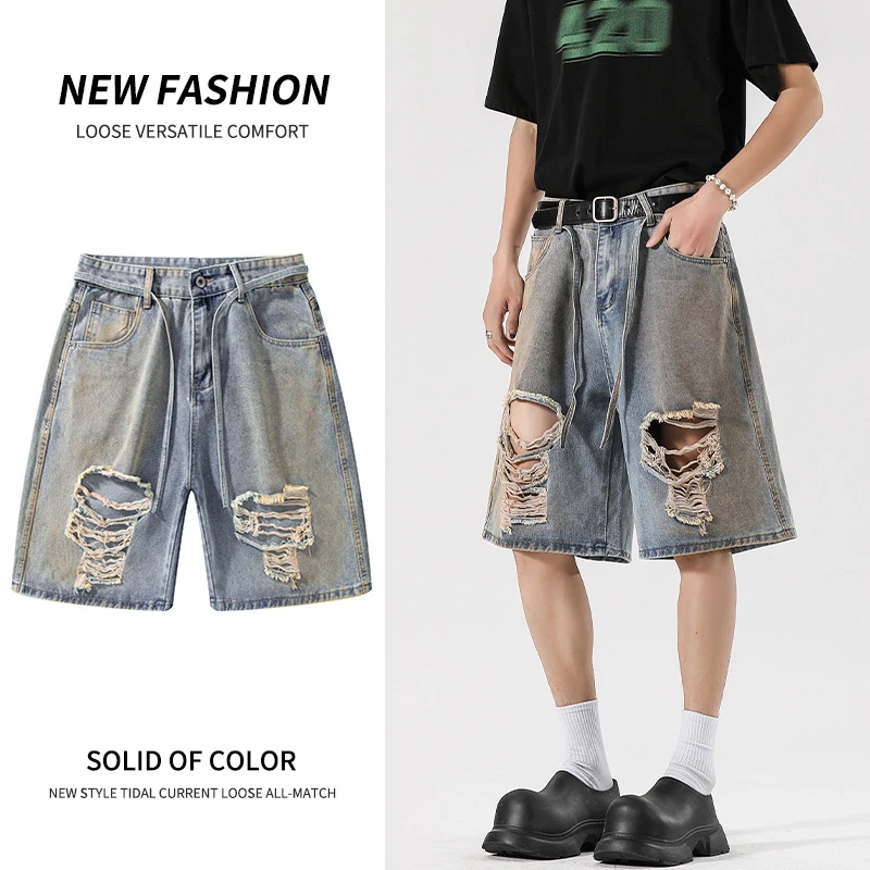 美式潮牌宽松水洗牛仔裤子男款夏季港风潮流破洞五分裤复古短裤子