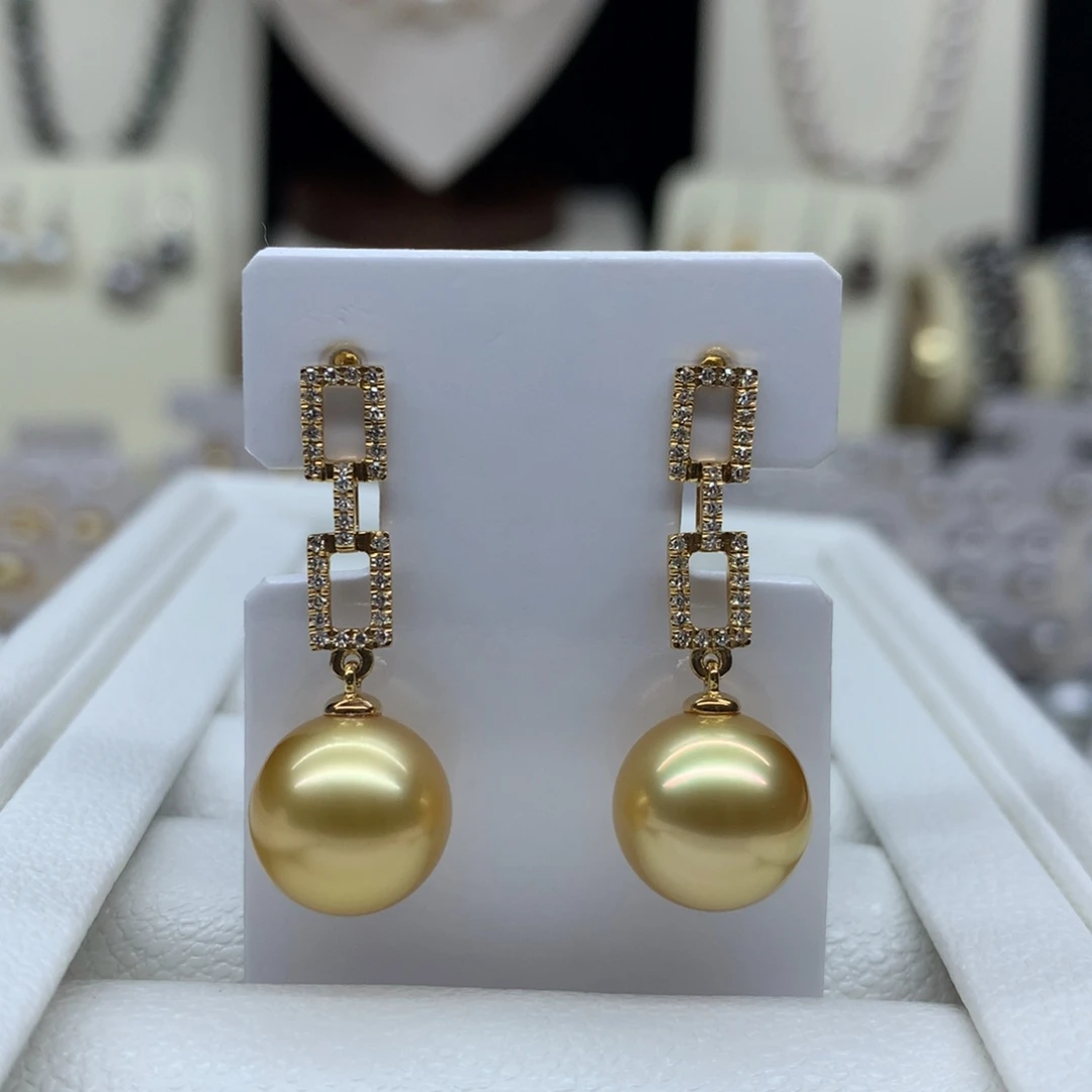 18K金镶嵌海水珍珠耳饰11.2mm金珠耳坠