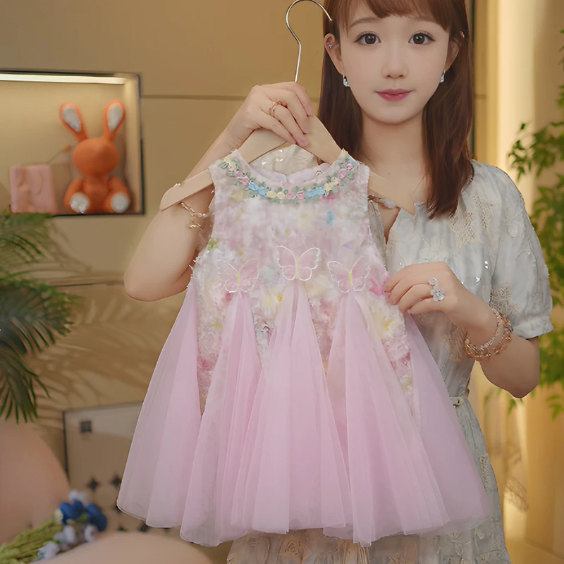 碎花吊带裙背心裙女夏季连衣裙中国风裙子女童旗袍刺绣网纱裙公主