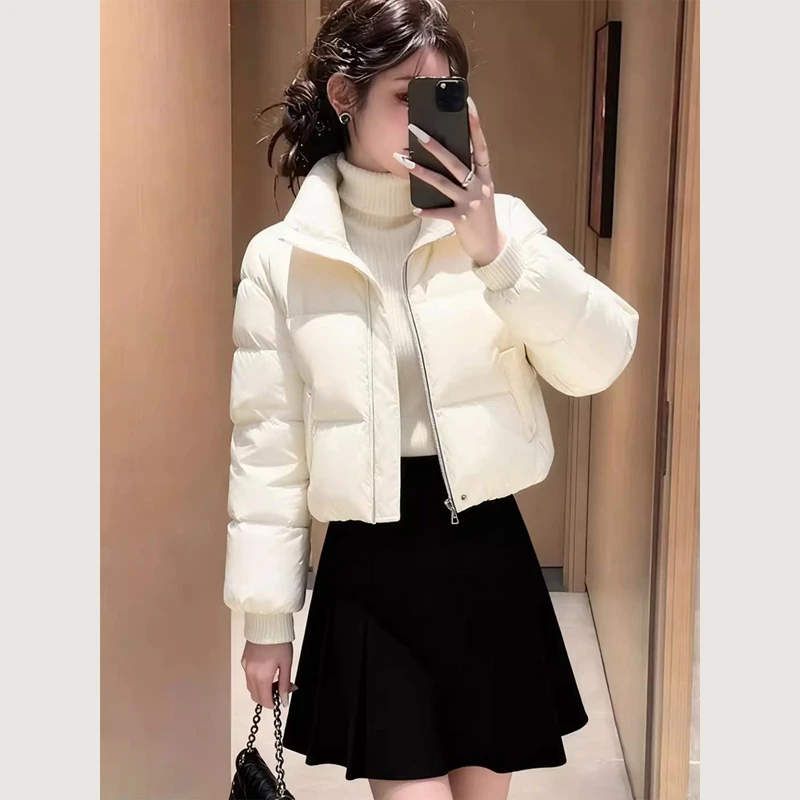 今年流行韩版白色短款棉服女2025冬新款立领拉链保暖小个子面包服