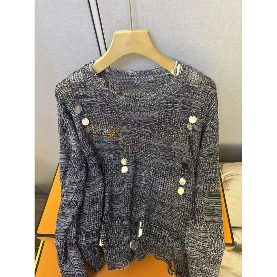 《秋风 8245 》 秋季新款花纱破洞圆领针织衫女