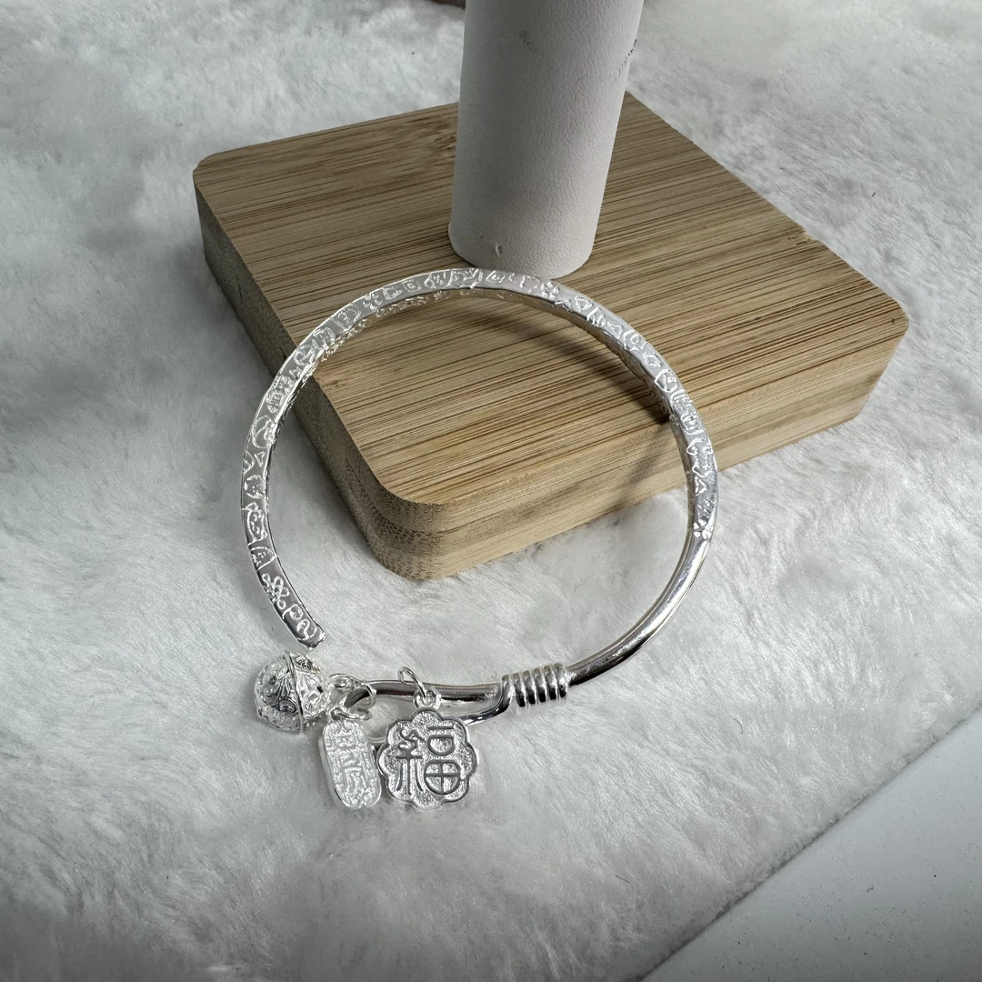 足银手镯 足银手镯 45号 吉言宫铃开口实心足银手镯