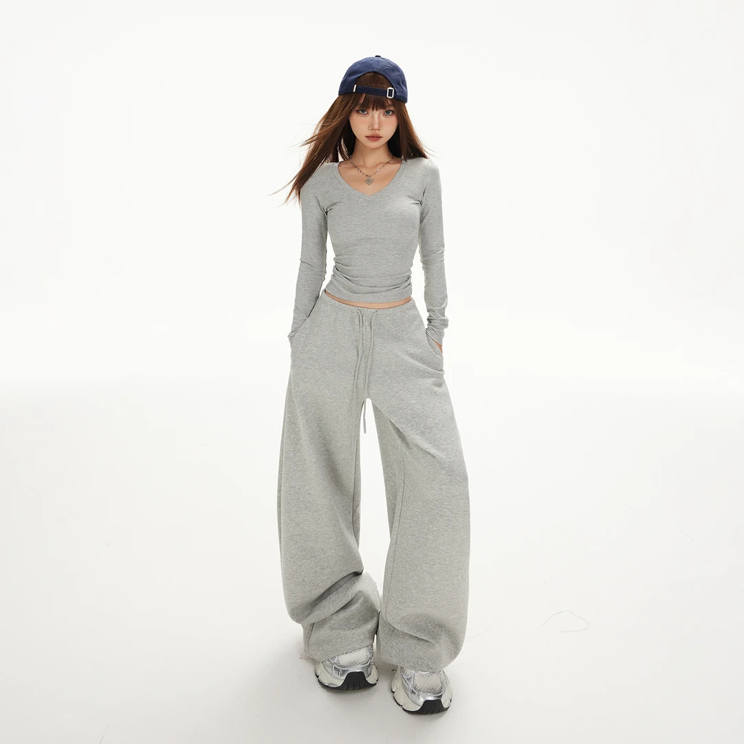 JWUW美式复古V领上衣弯刀裤百搭垂感修身休闲基础套装女秋冬新款