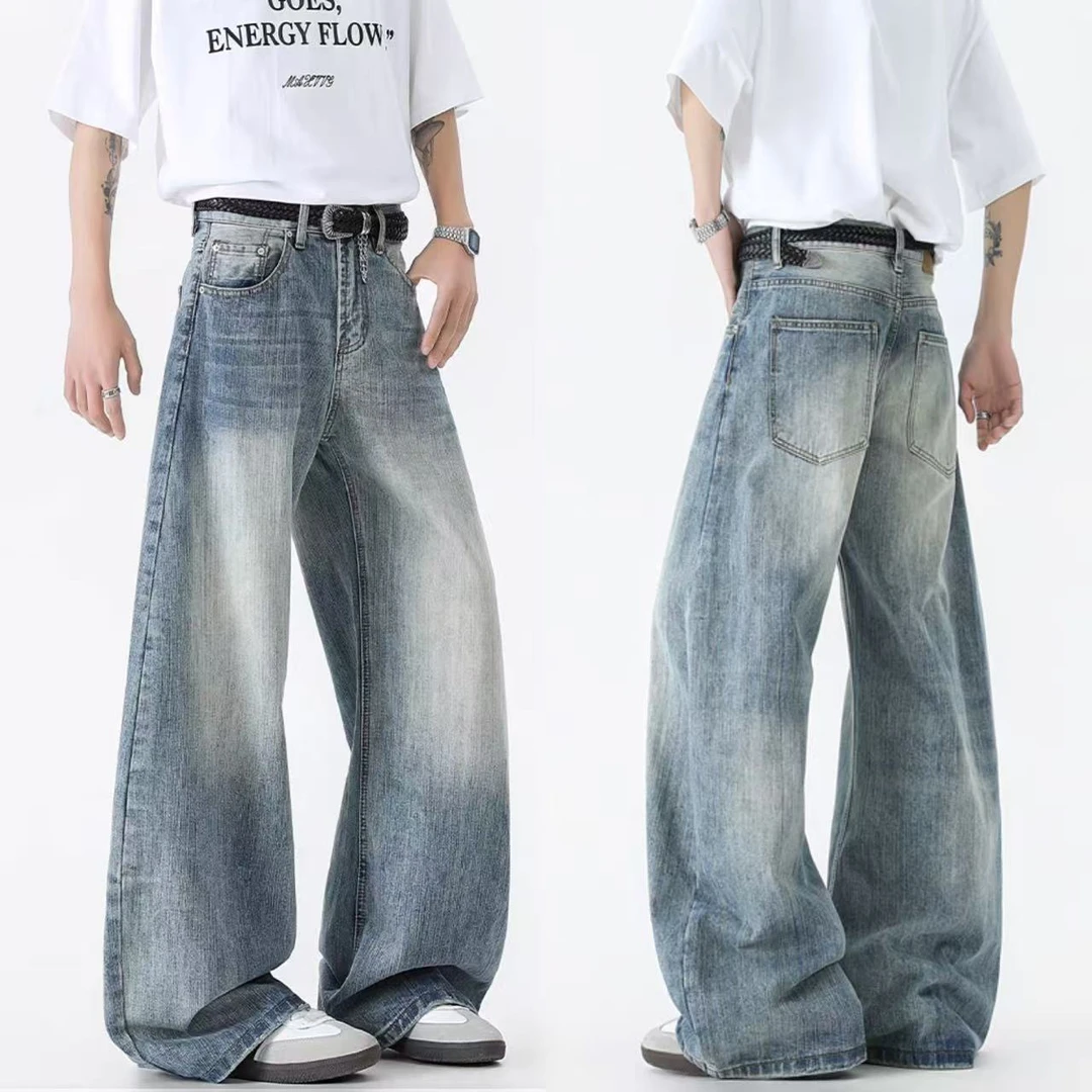 牛仔裤男款爆款2025新款夏季薄款弯刀竹节纹美式阔腿直筒宽松男裤