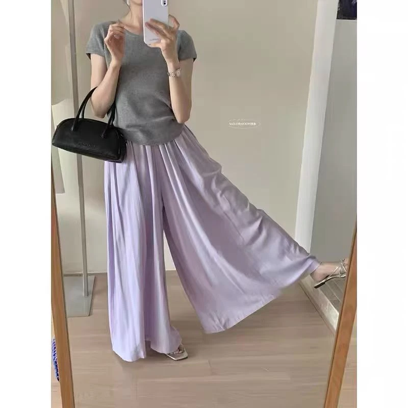 新款夏季宽松垂感直筒裤拖地裤时尚高腰褶皱百搭阔腿裙裤休闲裤女