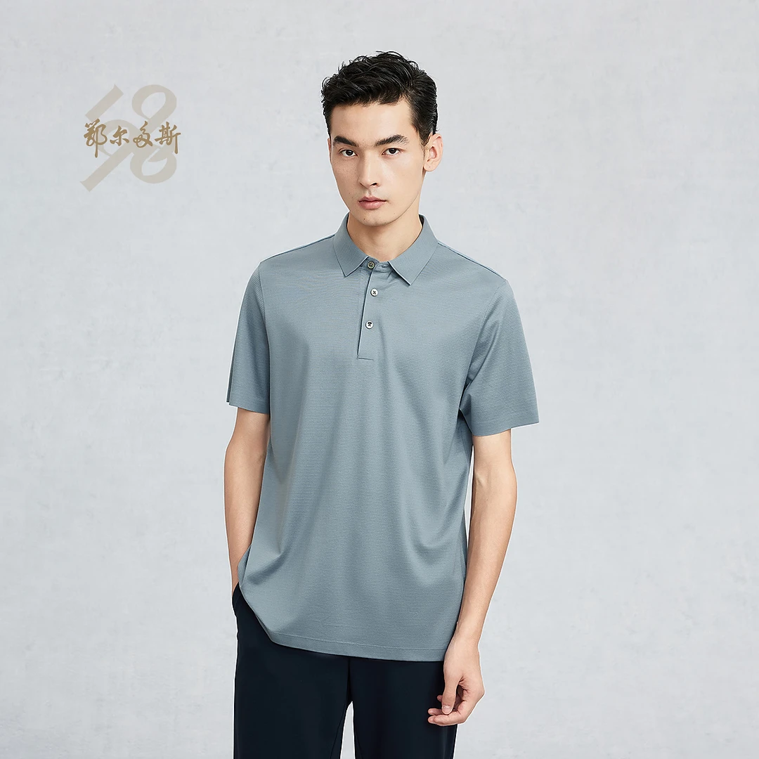 鄂尔多斯1980 桑蚕丝棉小翻领短袖舒适男圆机POLO衫25夏季