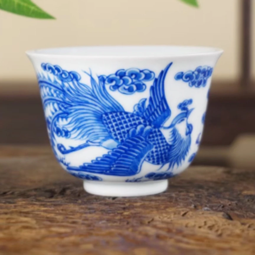 德物小雅手绘单凤戏珠内外纯手工手绘景德镇100ml容量茶杯柴窑