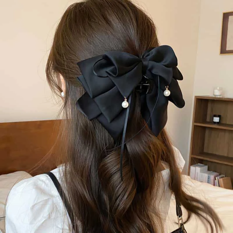 多层蝴蝶结新款缎面优雅马尾夹抓夹鲨鱼夹头饰发夹后脑勺发饰发型