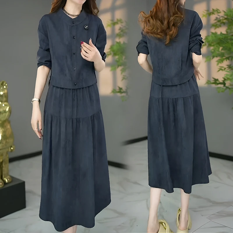 时尚洋气假两件连衣裙女2025春秋季新款气质阔太太显瘦设计感裙子