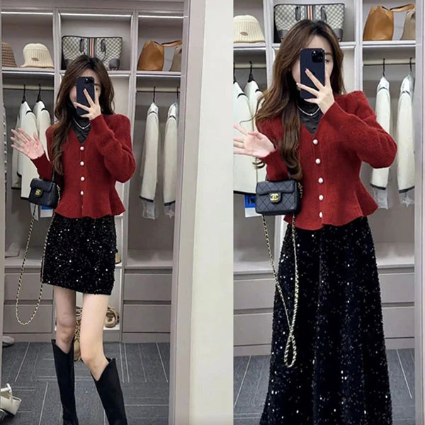 温柔风V领单排扣气质小香风显瘦针织开衫毛衣 秋冬细闪短裙套装