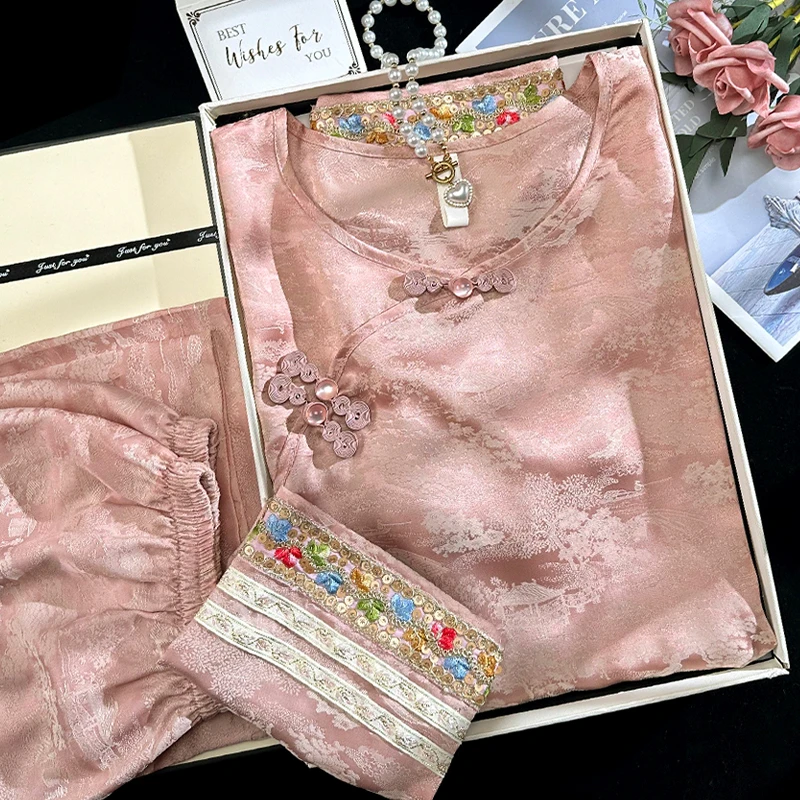 刺绣新中式睡衣女夏季冰丝透气复古中国风民族古装提花家居服薄款