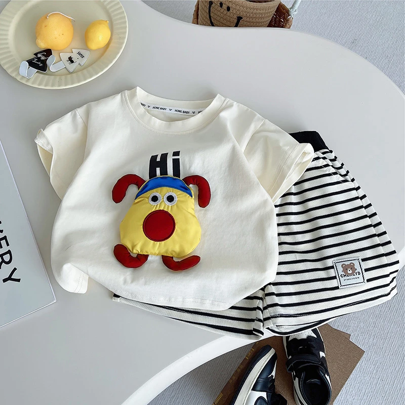 夏季卡通风薄款短袖套装男女通用男套装运动童装男童休闲女童小童