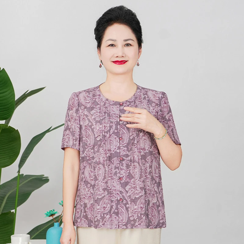 美学家夏季时尚上衣洋气透气妈妈装领印花宽松显瘦小衫B25869B