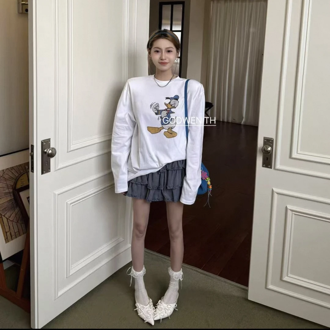 秋季新款【嘎嘎鸭】高品质宽松遮屁屁女款垫肩长袖大T