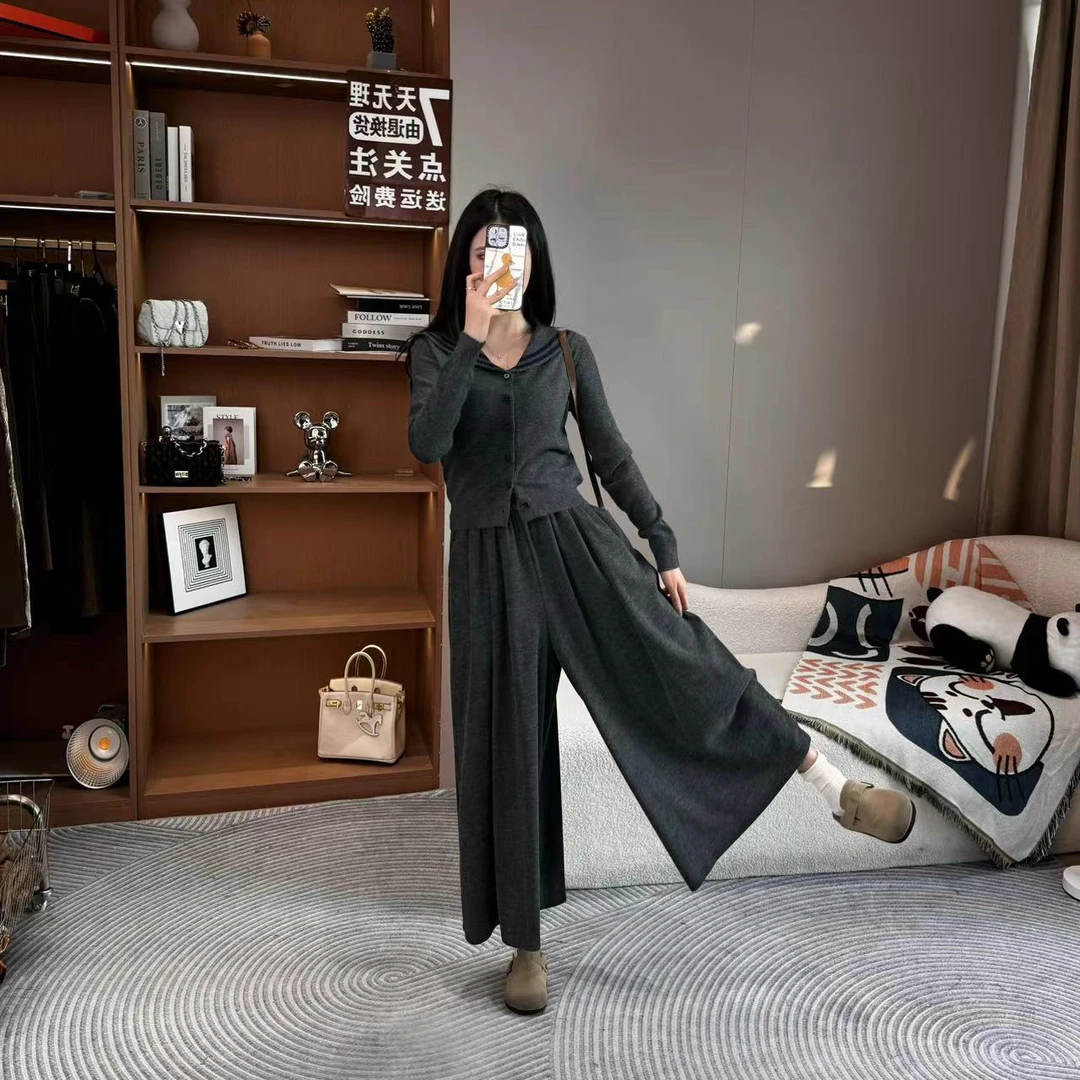 【两件套】2024新款秋款糯米裙裤+海军领针织衫开衫气质冬季新款