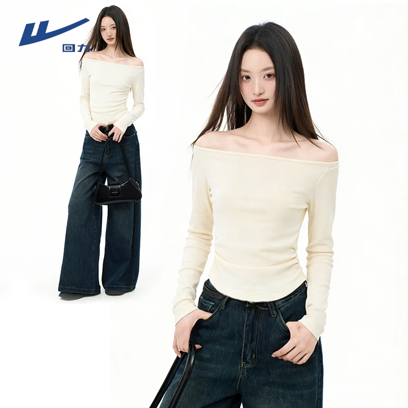 回力一字肩露肩韩系穿搭长袖T恤女2026新款春秋内搭打底衫上衣T恤