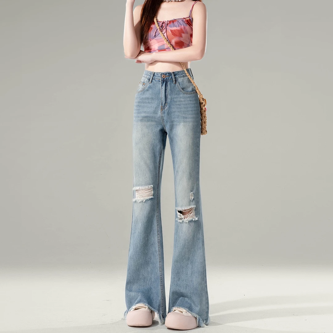 2025年夏季新款浅色微喇叭牛仔裤女设计感破洞高腰马蹄阔腿拖地裤