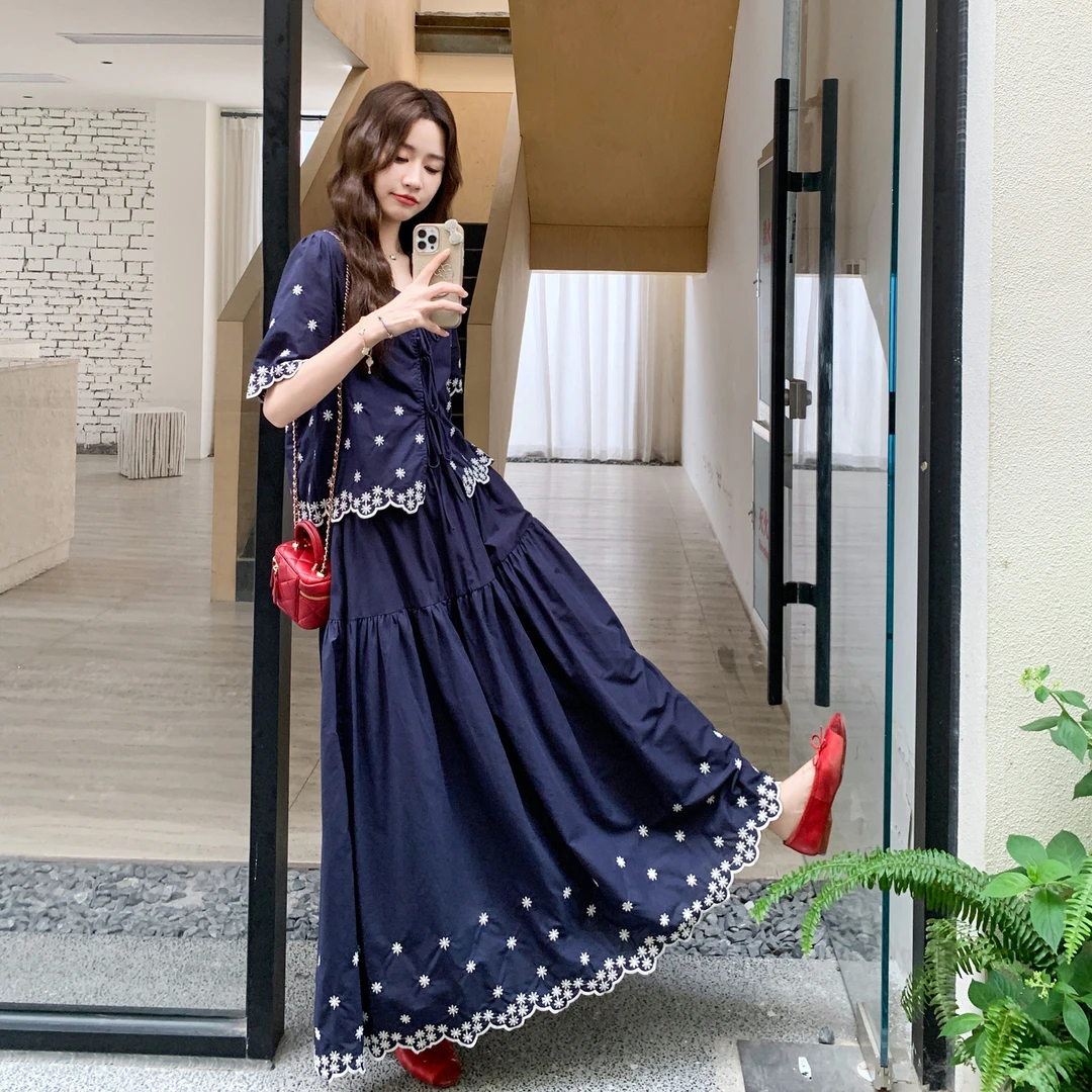 藏青色长款衬衫花边半身裙套装女2025大码新款独特绝美显瘦两件套