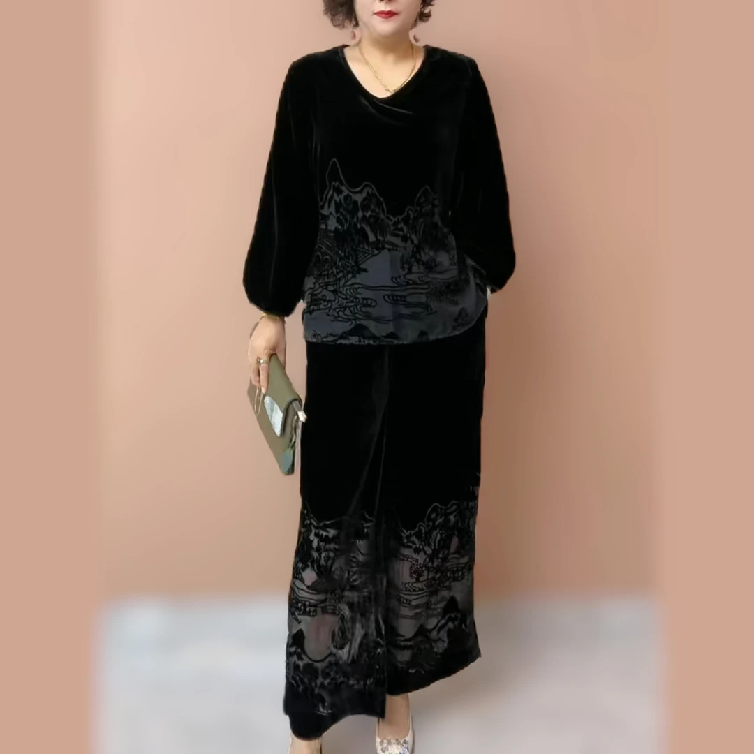 黑色V领长袖套装女2025秋季新款洋气显瘦微透大码上衣裤子两件套