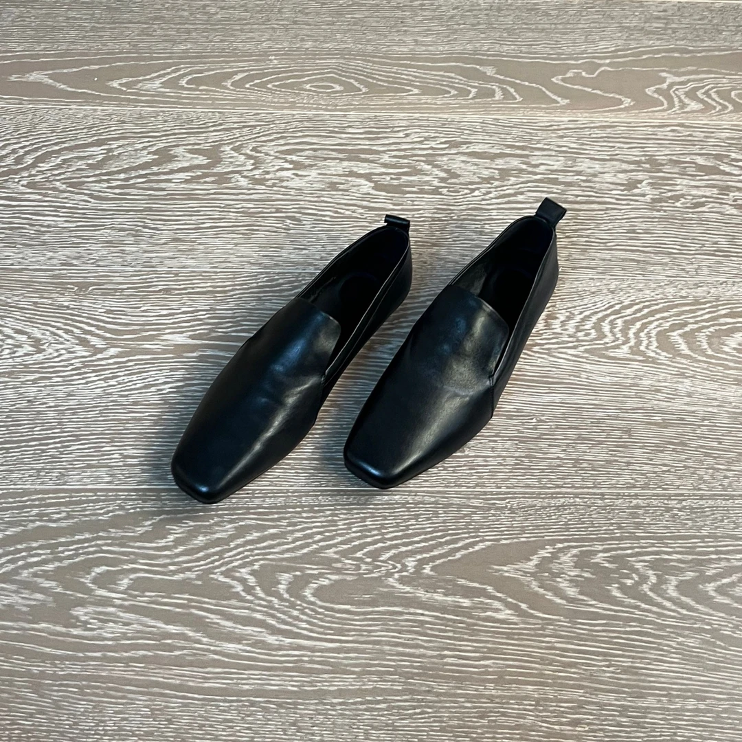 1CM水洗牛皮方头英伦风时尚休闲鞋单鞋一脚蹬春季平底商务法式