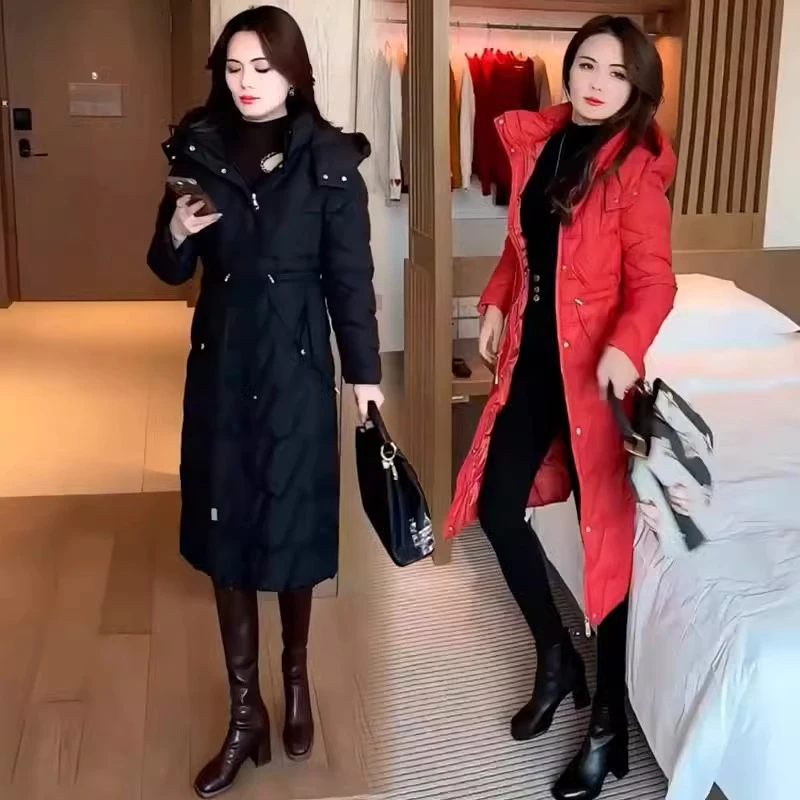 时尚洋气棉服女2024冬季新款收腰显瘦连帽棉衣修身中长款棉袄外套
