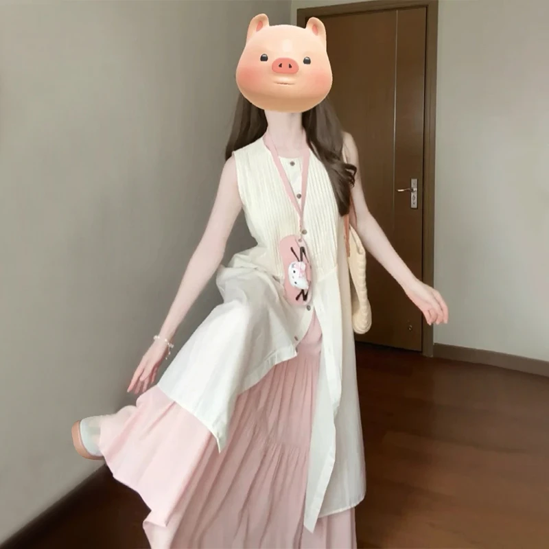 4760复古设计感无袖白色连衣裙女夏季新款高级小个子穿搭气质长裙