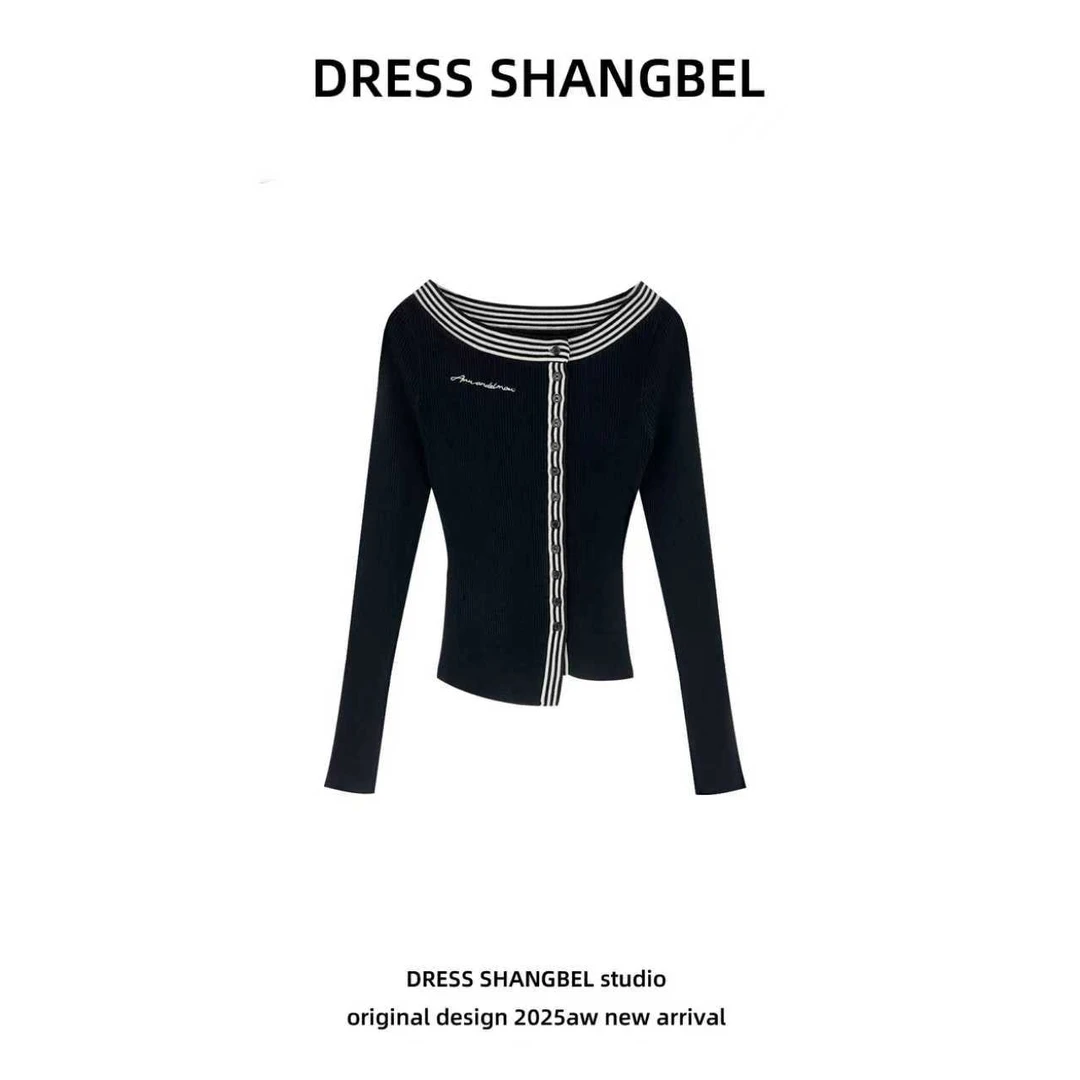 DRESS -秋季新款C31时尚百搭修身条纹设计感收腰针织开衫5941H