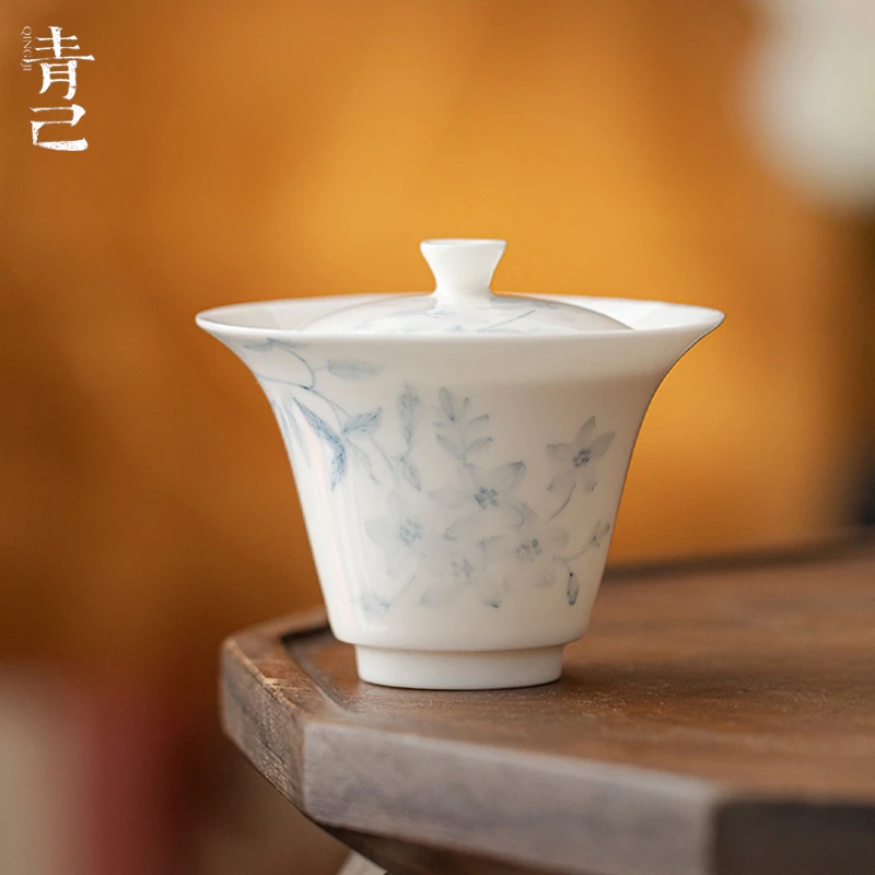 青己手绘青花盖碗釉下彩功夫茶具泡茶陶瓷文人薄胎家用桃花轻淡