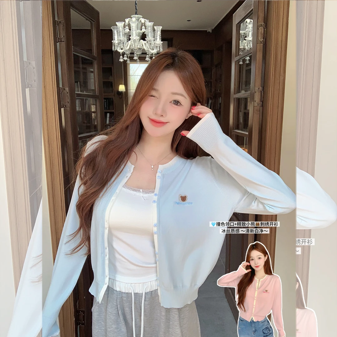 钟菲菲韩系氛围感早秋穿搭假两件针织衫撞色圆领刺绣羊毛开衫女