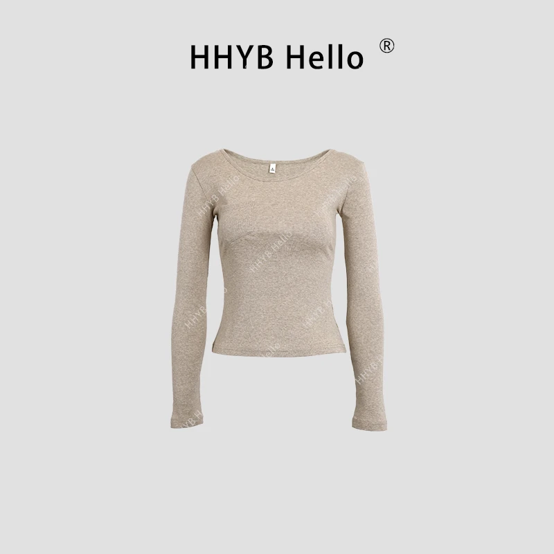 HHYB Hello纯色打底上衣秋口袋内搭长袖T恤修身显瘦打底衫240471