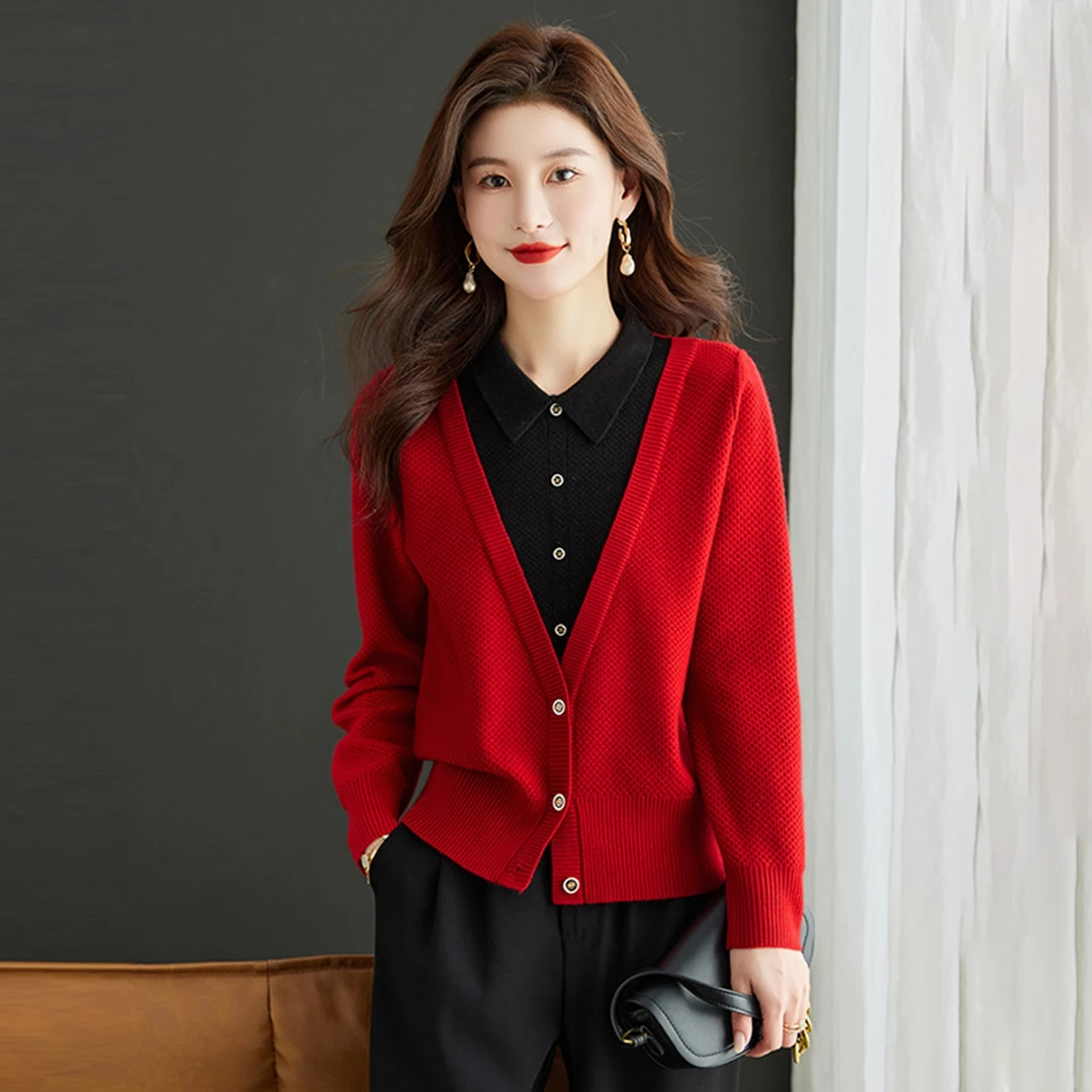 2026品牌新年本命红色假两件毛衣羊毛衫内搭翻领POLO领上衣针织衫