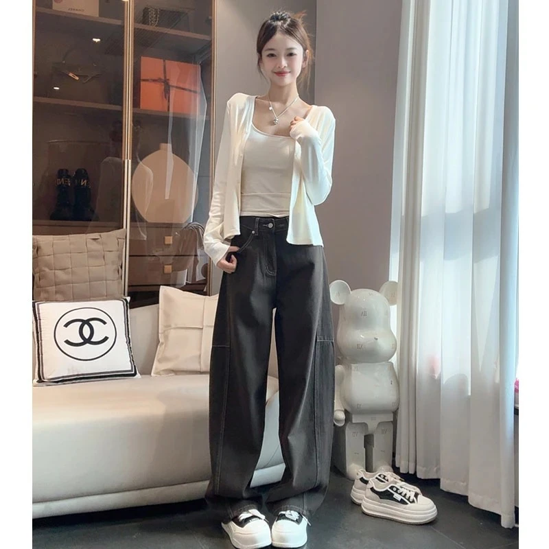 松林绿牛仔裤女爆款2025早秋新款美式显瘦宽松百搭弯刀裤子