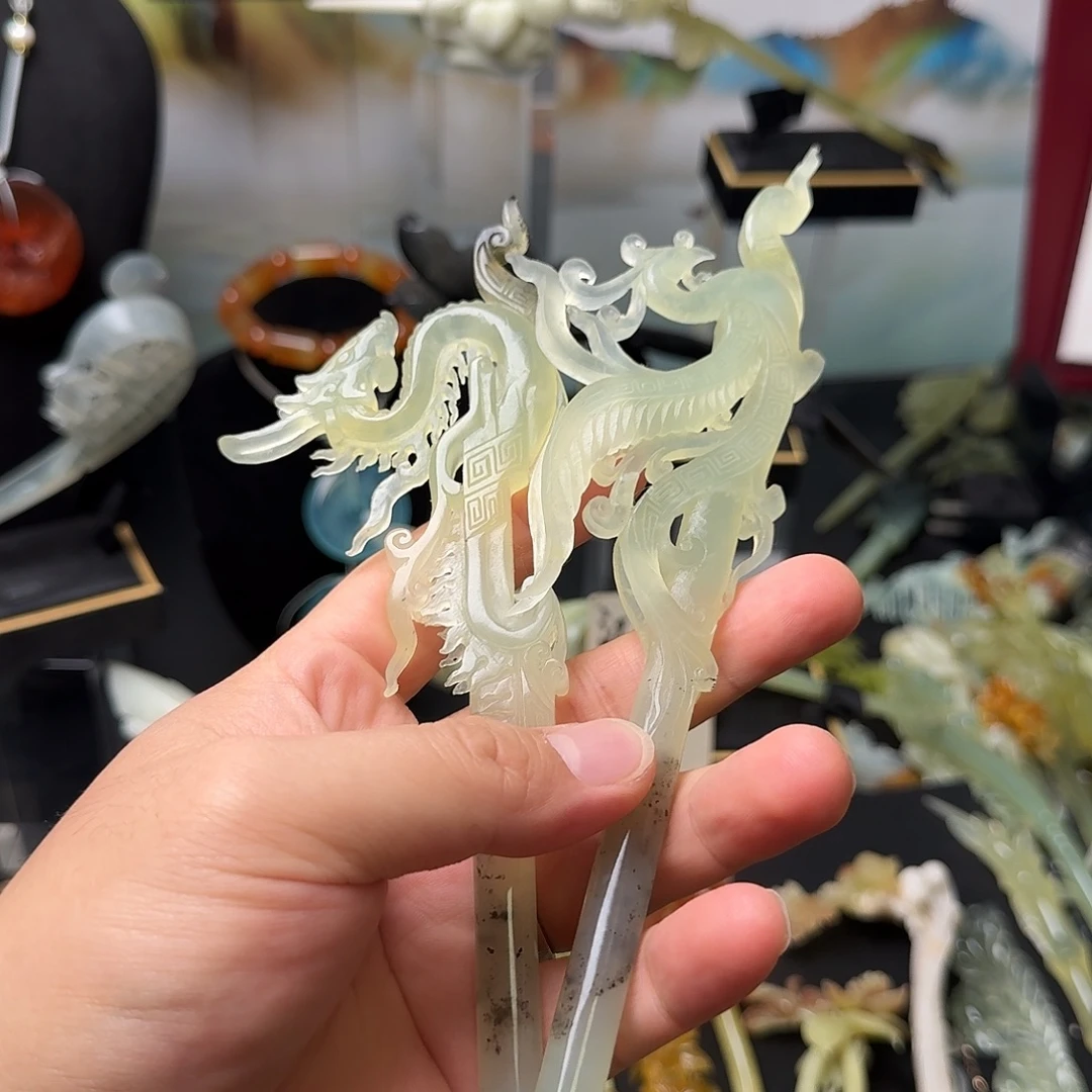 猫***月未镶嵌蛇纹石玉发饰