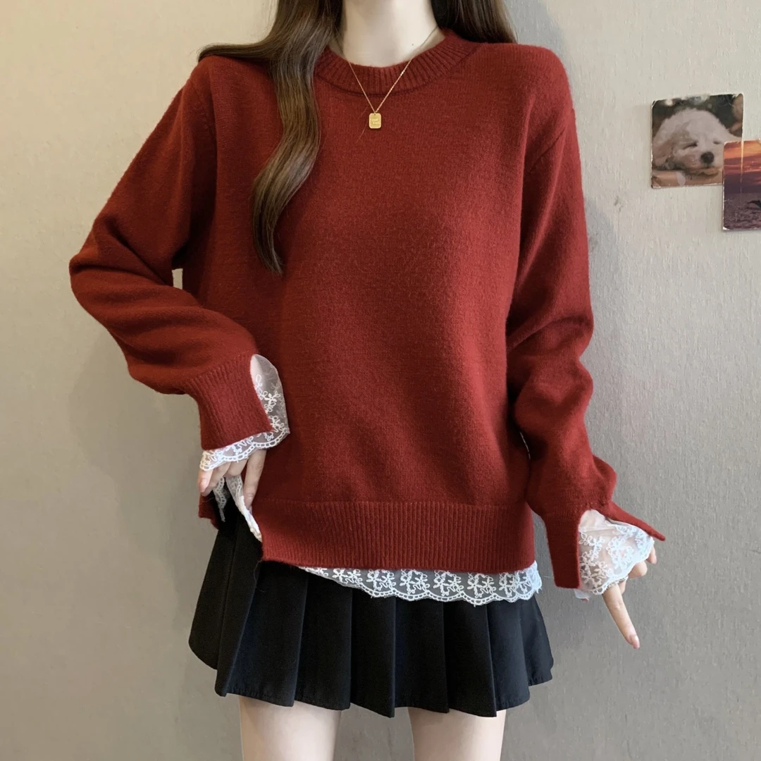 大码遮肚子蕾丝拼接红色毛衣女秋冬微胖MM宽松显瘦百搭洋气针织衫