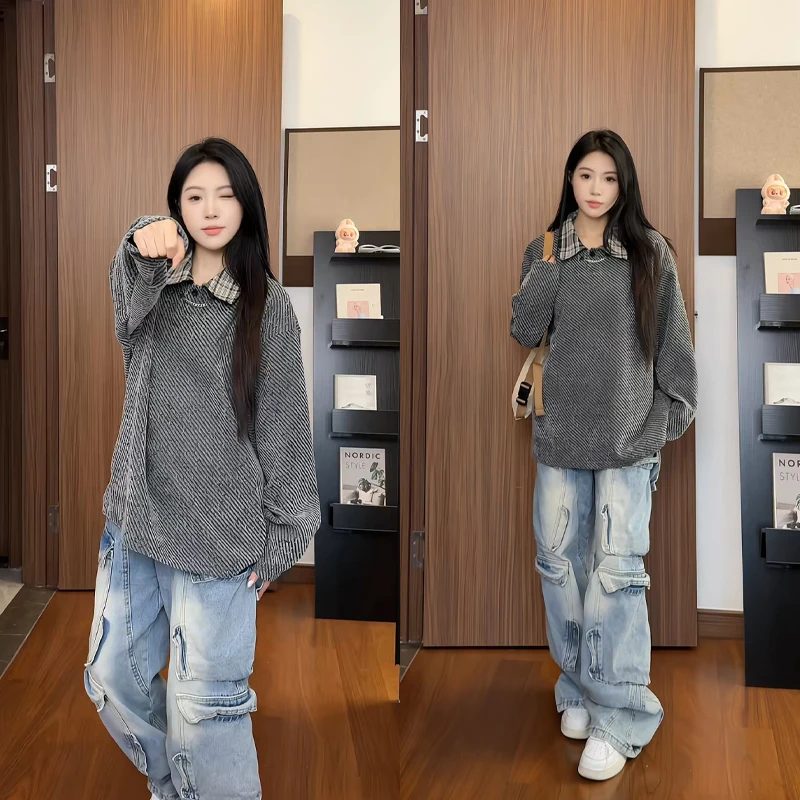 假两件衬衫领卫衣男款潮牌高级感斑马纹美式小香风外套内搭打底衫