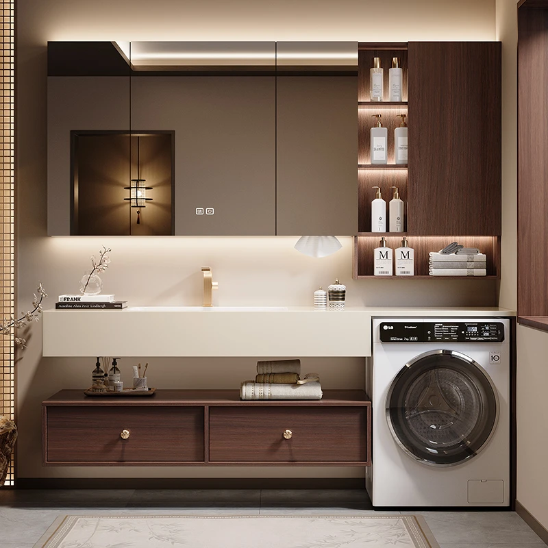 法式中古风浴室阳台洗衣机柜一体盆岩板热弯无缝陶瓷一体盆浴室柜